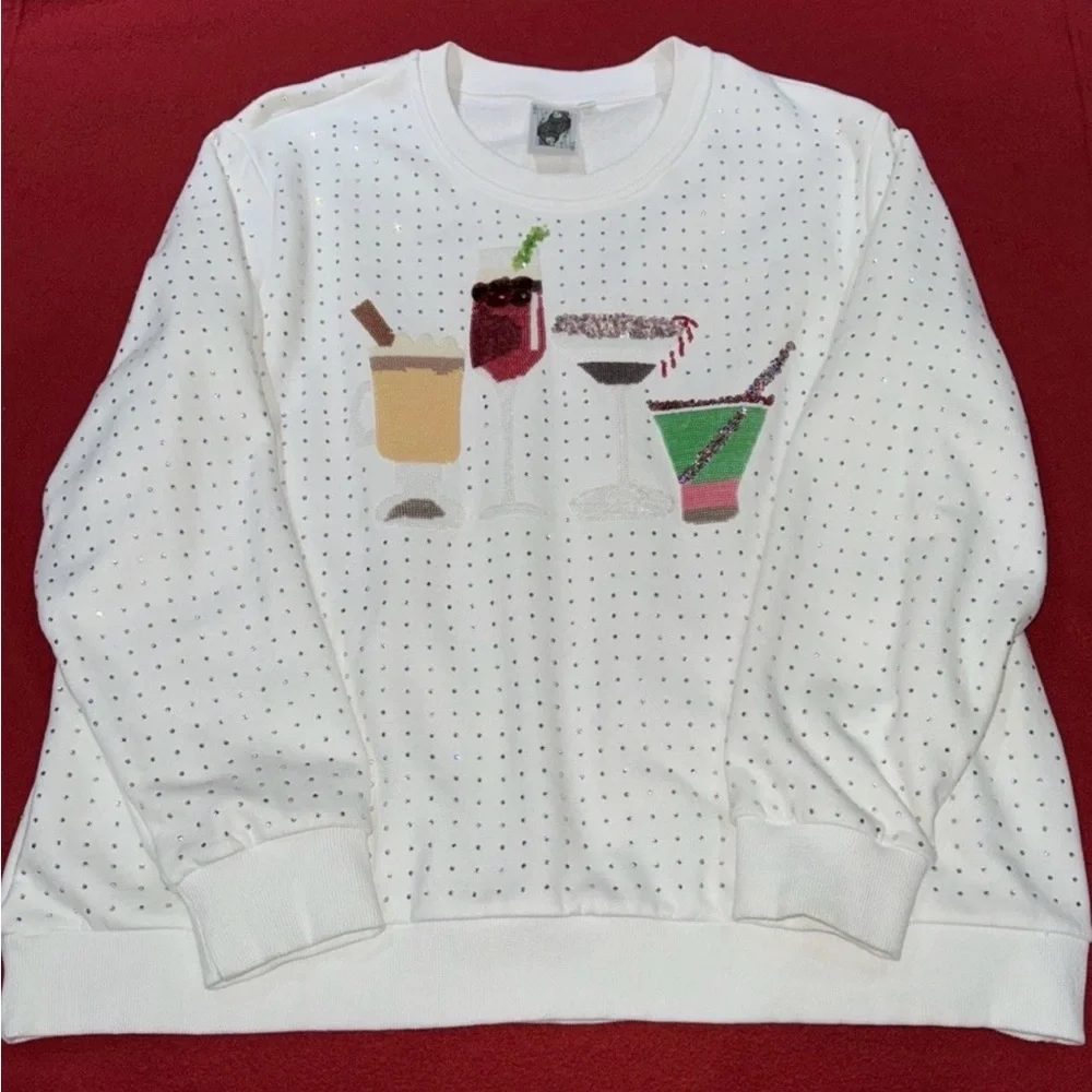 🍸🍹Queen Of Sparkles L Holiday Cocktails Sequin & Rhinestones Sweatshirt EUC - Picture 4 of 10